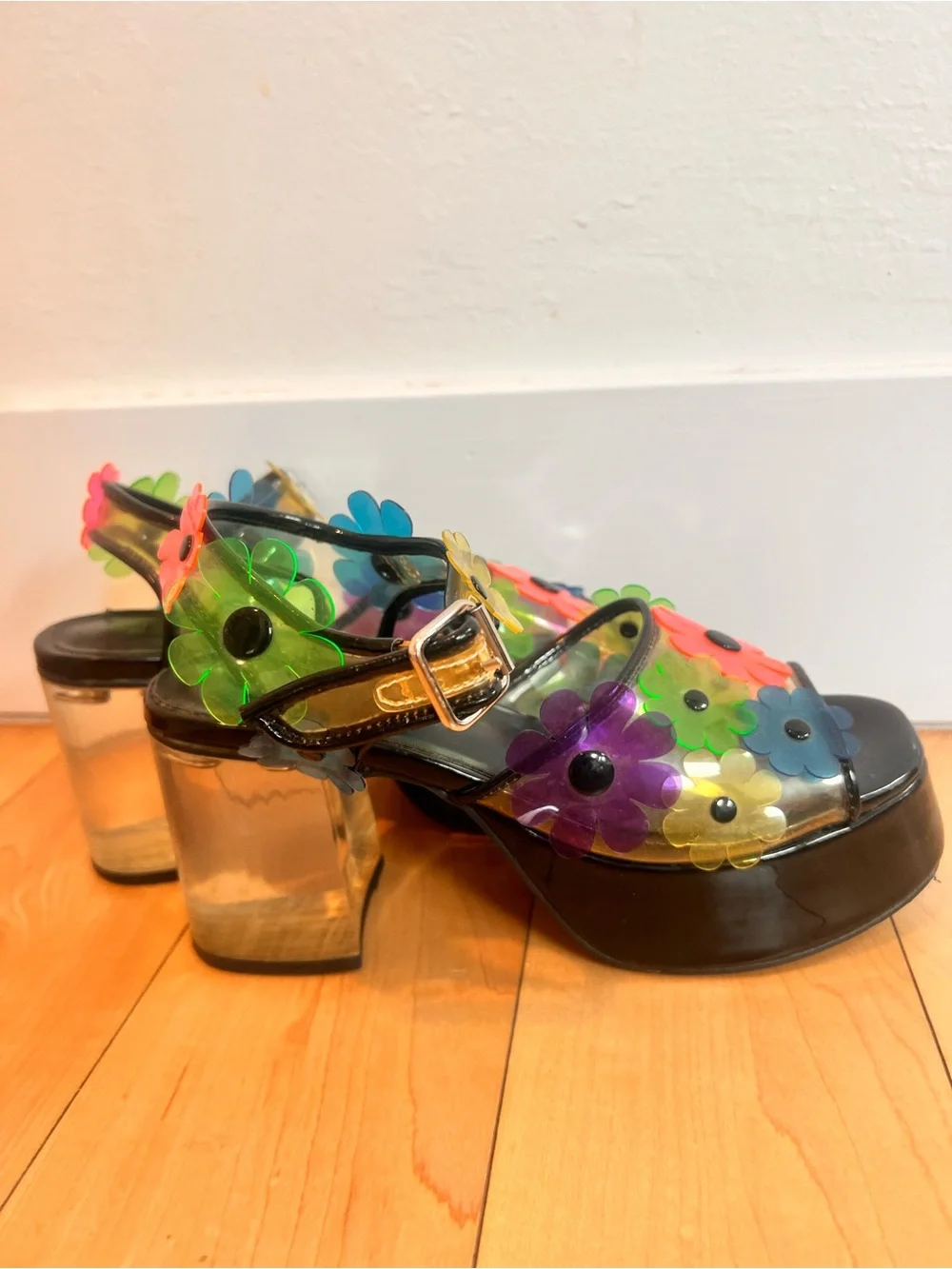 dELiA*s Black Platform Sandals with Rainbow Flower Accents